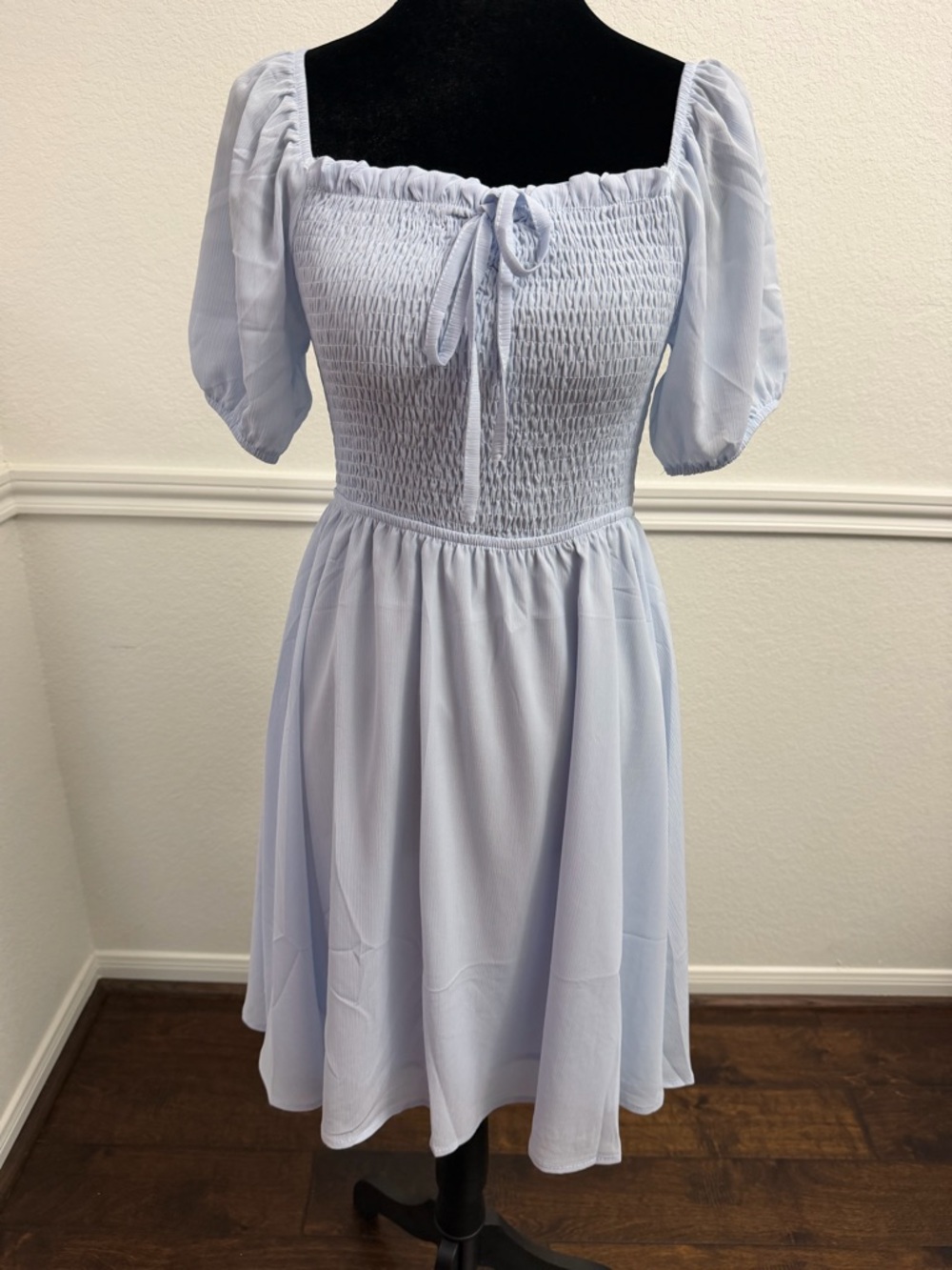 Light Blue Smocked Puff Sleeve Dress